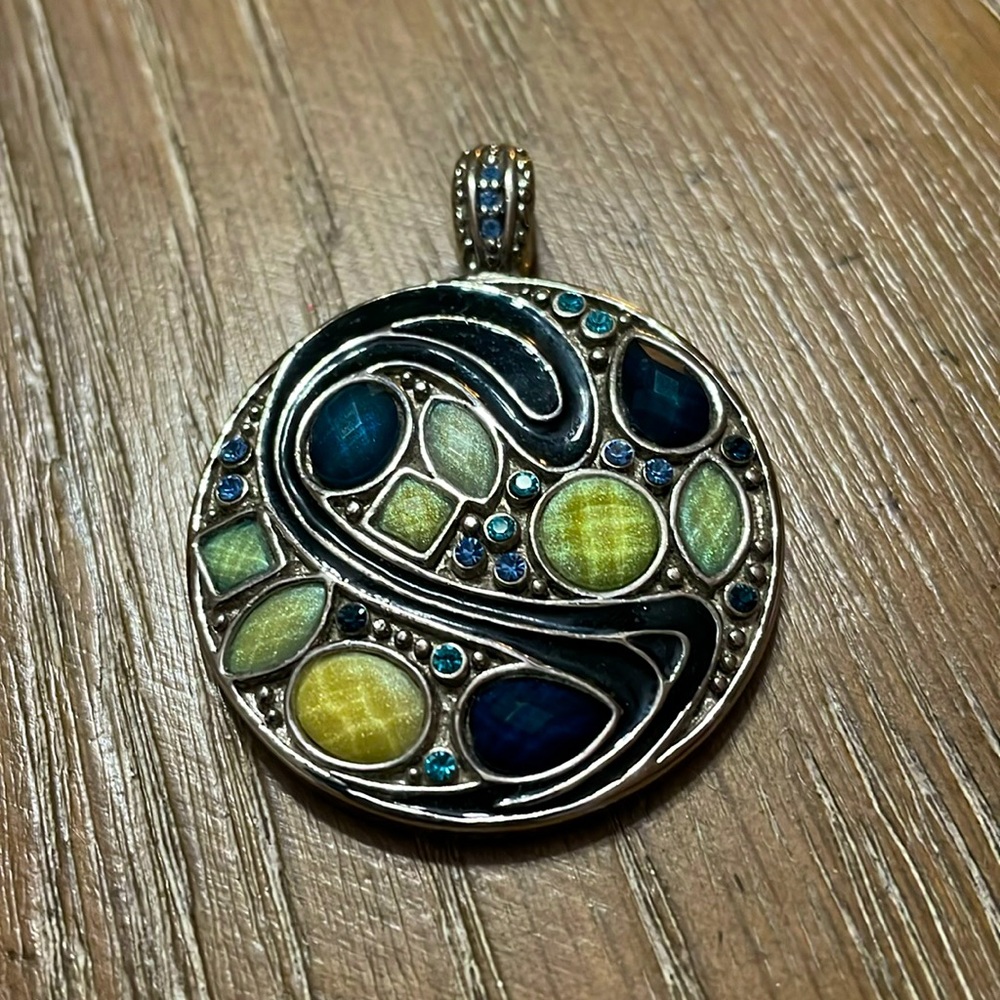 Lia Sophia, silver based slide with green and navy stones